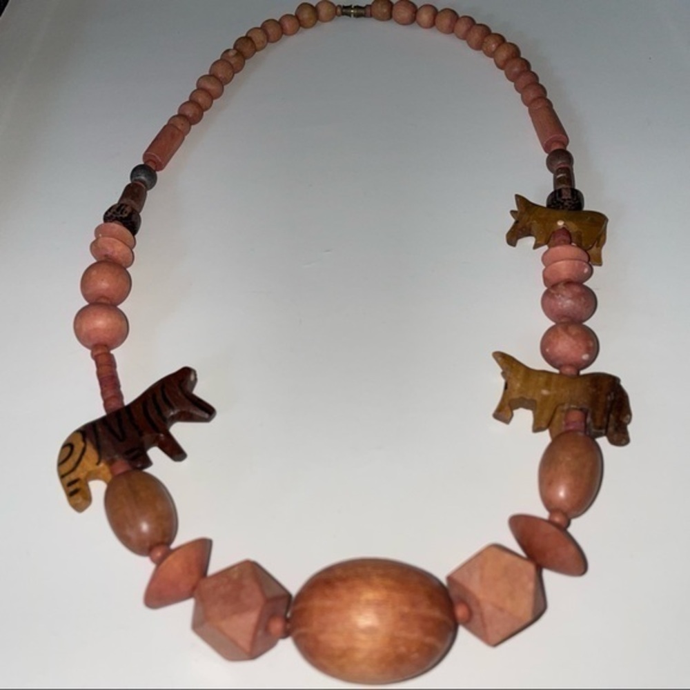 Vintage Wooden Shape Bead African Animal Chunky 90s Handmade Statement Necklace
